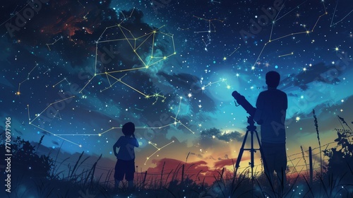Father and child stargazing through a telescope, under a constellation-filled sky, perfect for educational and family themes.