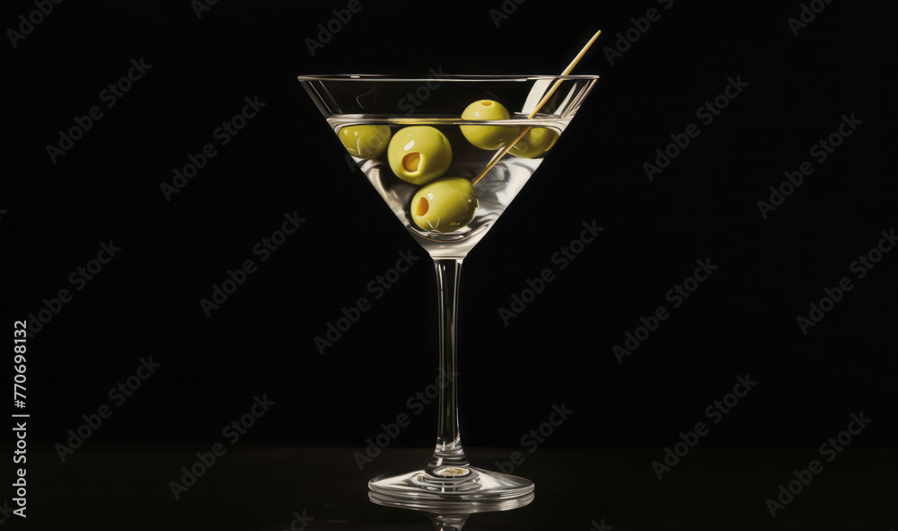 A martini glass with olives at the top sits over a black background, its marine biology-inspired, photorealist, carcore, sharpness, and chinapunk apparent.