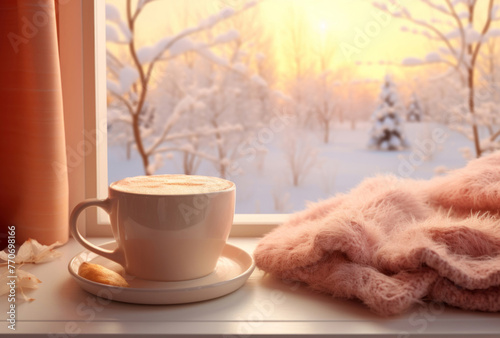 A cup of hot chocolate stands beside a window, evoking soft, romantic landscapes in light orange and light maroon amidst snow scenes.