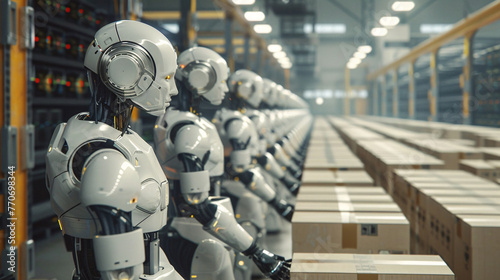 Future of manufacturing. Deserted factory floors with autonomous robots. Job displacement by AI. Impact of sovereign AI. Robots work in abandoned factories, signaling a shift in the future workforce. photo