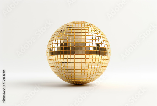 A gold disco ball sits on a white background, embodying postmodernist appropriation. photo