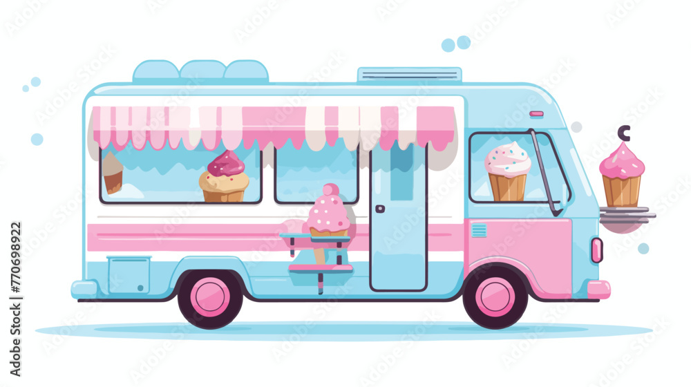 Light blue and pink food truck with ice cream. 