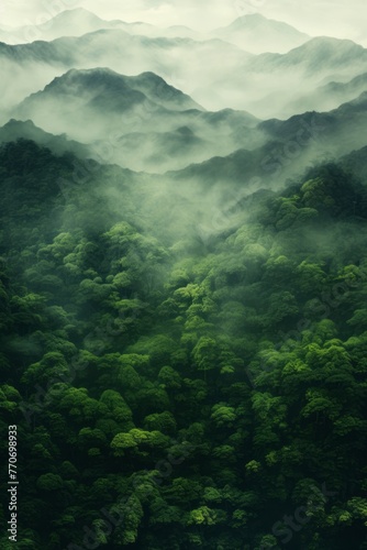 A green forest with mountains and trees is captured in panoramic scale, multiple exposure creating a moody and atmospheric scene.