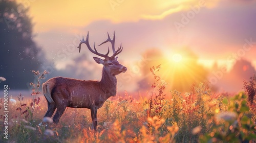 Deer in a meadow at sunrise, closeup, Earth Days serene beauty, misty background with space © auc