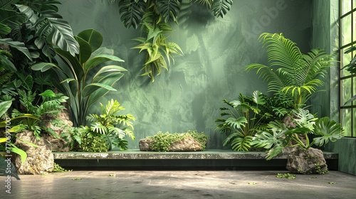 Botanical background for product display  fresh green foliage  natural style with tropical plants