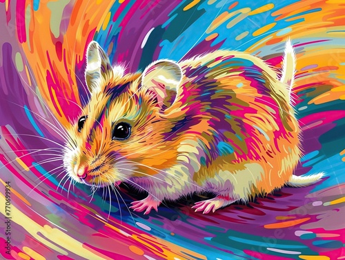 Pop art, A hamster running in a wheel, each spin creating psychedelic swirls reminiscent of Peter Maxs art