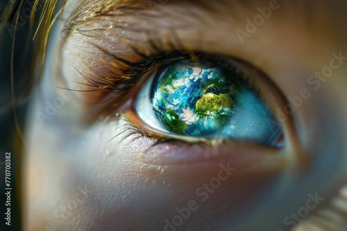Closeup of a child's eyes reflected in a green tech world map, Earth Day vision, space for hope
