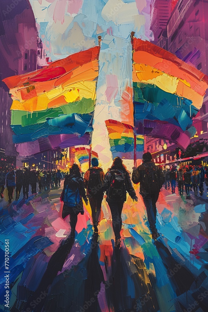 Pop art, In the realm of love and liberation, LGBTQ activists march forward with banners adorned in the vivid colors of Pop Art, demanding recognition and equality