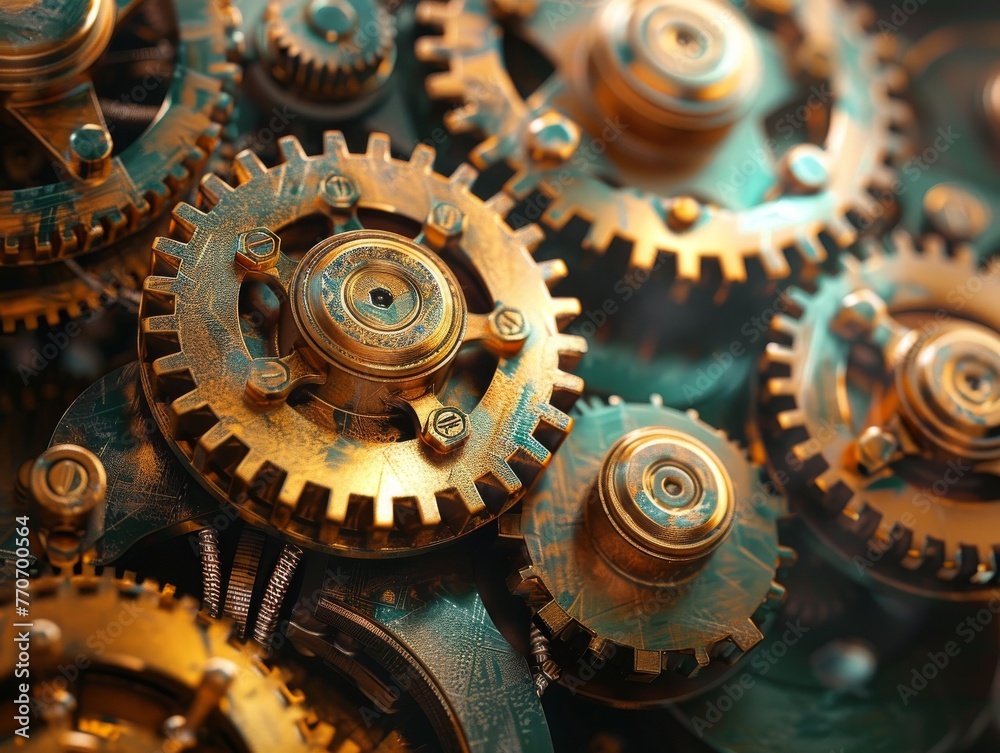 Intricate brass gears working together in a mechanical design. Intricate brass gears working together in a mechanical design.