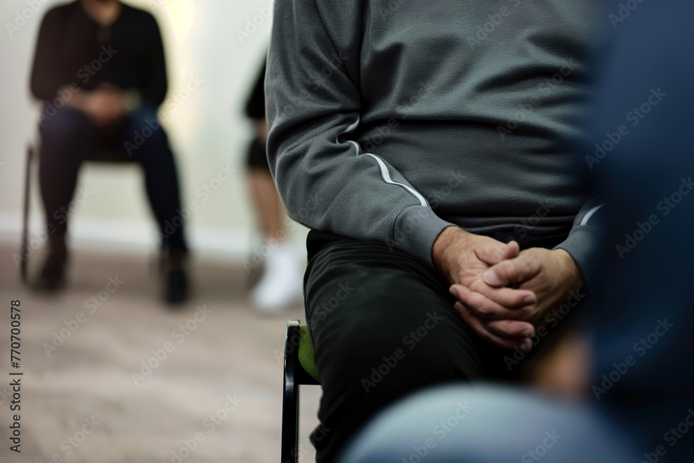 Close-up view of a person sitting on a chair in a waiting area, with others in the background. Healthcare facility reception area, feeling anxiety and anticipation for their medical appointments Close-up view of a person sitting on a chair in a waiting area, with others in the background. Healthcare facility reception area, feeling anxiety and anticipation for their medical appointments