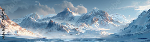 Tundra landscape with snow-covered mountains and frozen lakes.