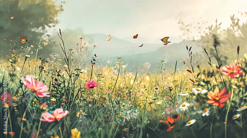 Ethereal Beauty: A Scenic Landscape of Blooming Flowers and Butterflies Basking in the Warm Sunlight