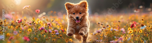 A fluffy puppy playing in a field of wildflowers, cinematic photo