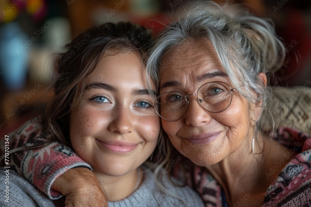 Close-up of an elderly woman with glasses smiling closely with her young granddaughter, reflecting family ties