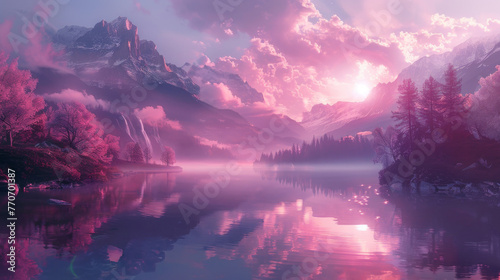 Create an ethereal landscape set in a dreamy world with hints of maroon hues.