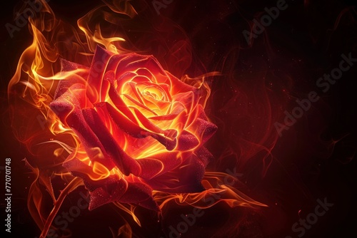 Red rose flower on fire dark background