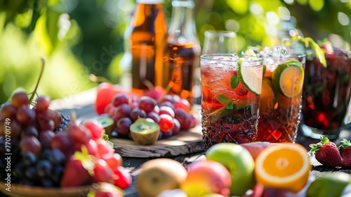 Homemade fruit-infused waters displayed in glass jars amidst a rustic outdoor setting  perfect for a health-conscious audience.