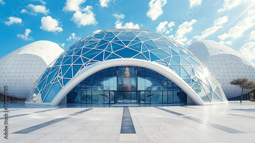 futuristic building with white roof and blue sky