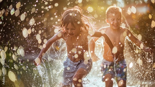 Children gleefully play in a sprinkler on a sunny day  evoking joy and nostalgia  ideal for family  lifestyle  and summer campaigns.
