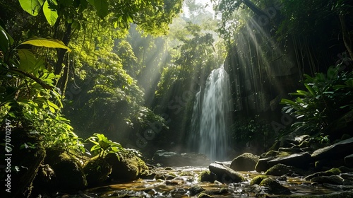 Enchanted Forest Scene with a Glistening Waterfall and Sunrays Piercing Through Foliage