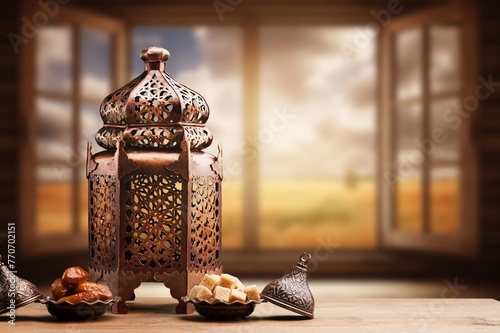 Ramadan greeting lantern on night desk