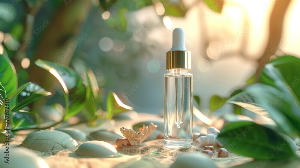 Clear Skincare Serum Bottle with Dropper on Sandy Surface Among Leaves Clear Skincare Serum Bottle with Dropper on Sandy Surface Among Leaves