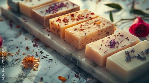 Handcrafted Natural Soap Bars with Dried Flowers on Marble Surface