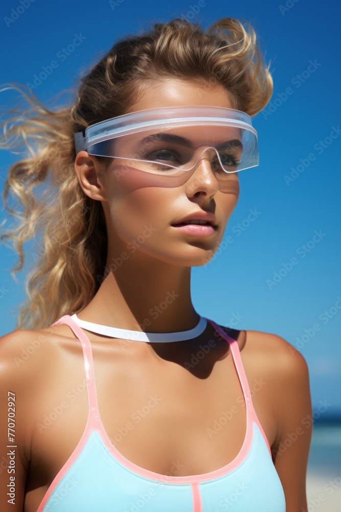 A young woman in swimwear and a transparent visor looks on, combining sportiness with a fashionable edge A young woman in swimwear and a transparent visor looks on, combining sportiness with a fashionable edge