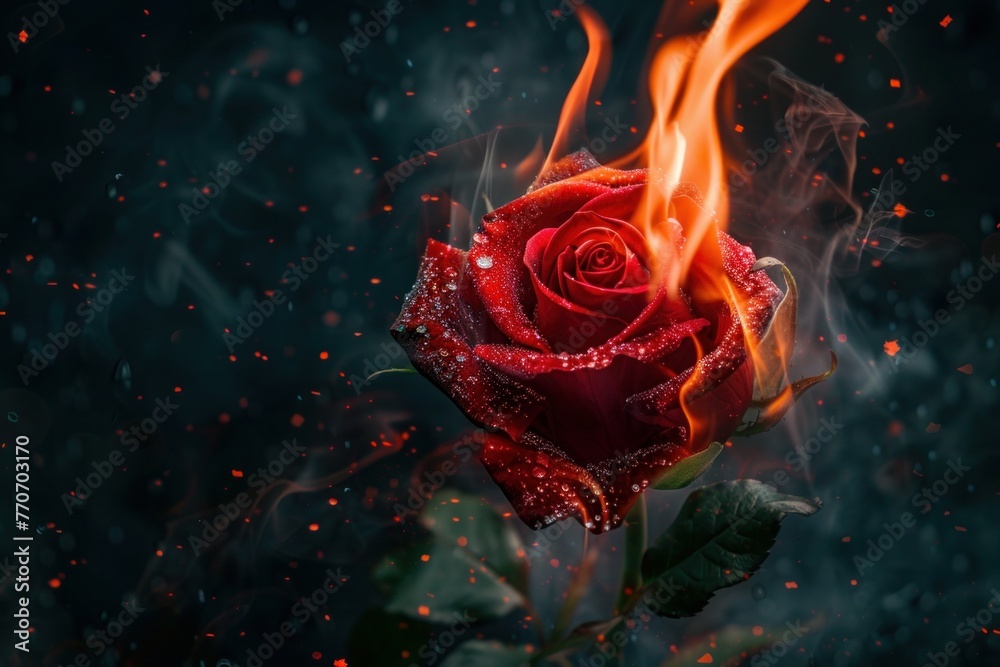 Red rose flower on fire dark background Red rose flower on fire dark background