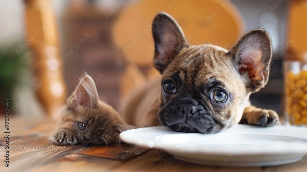 A curious French bulldog puppy and a playful kitten lying on a wooden table, eyeing a plate.