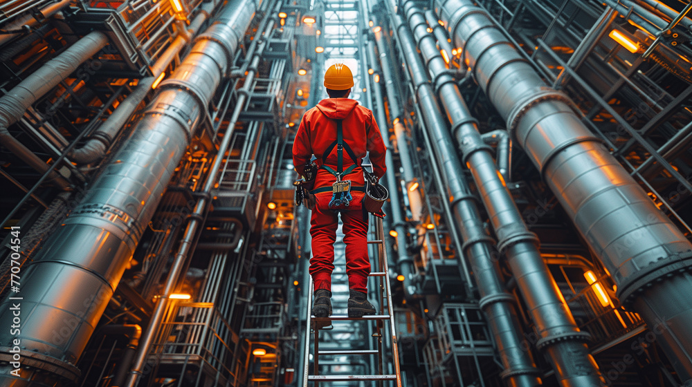A man in workwear with a red jumpsuit, helmet, and engineering tools stands on a ladder in a building amidst the city's steel and metal structures. A man in workwear with a red jumpsuit, helmet, and engineering tools stands on a ladder in a building amidst the city's steel and metal structures.