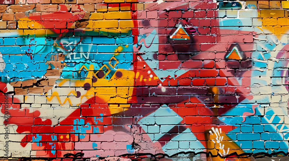 Colorful red yellow and blue graffiti on a brick wall. Colorful red yellow and blue graffiti on a brick wall.