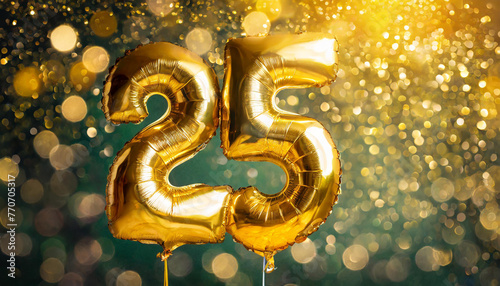 Banner with number 25 golden foil balloon. Twenty five years anniversary celebration. Golden bokeh photo