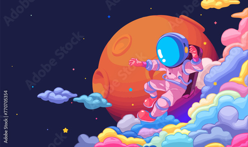 A horizontal illustration of astronauts exploring space with stars and planets in the background