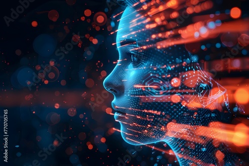 A digital image of a half-human, half-robot face appears against a background of blue and orange lights.  Digital A.I system data robot concept