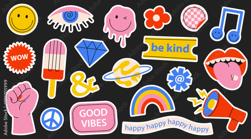 Colorful collection of various groovy stickers, patches and labels for decoration. Colorful collection of various groovy stickers, patches and labels for decoration.