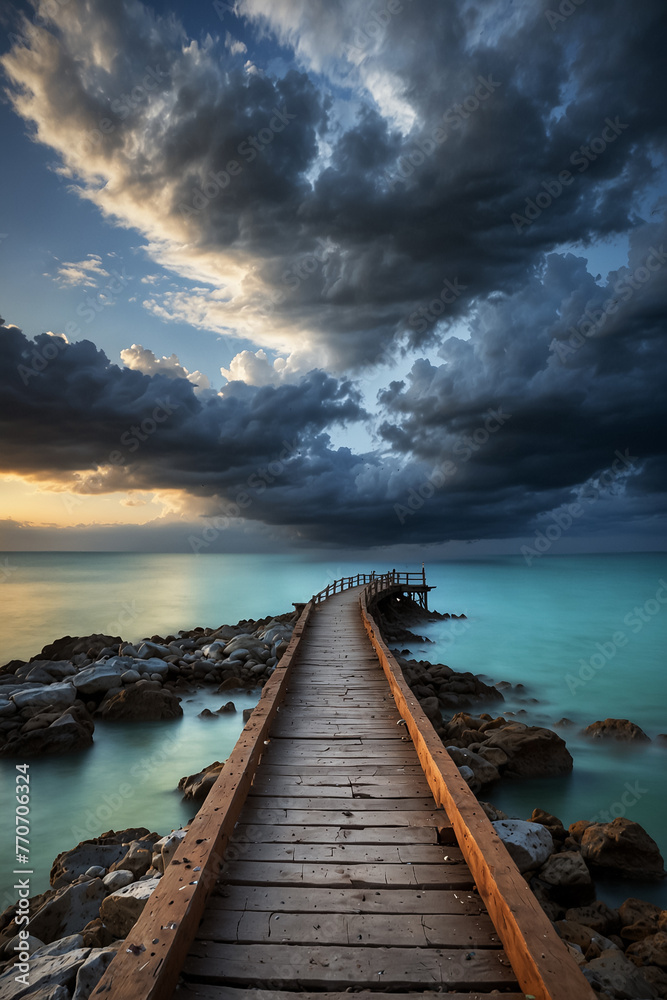 a wooden bridge extending into the sea a stormy sky with black clouds