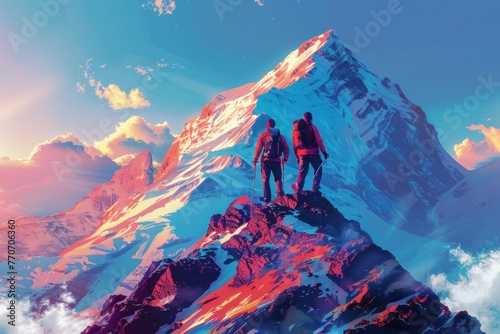 Hiker helping friend reach the mountain top, Generative Ai illustration