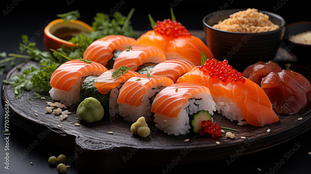 Japanese food is beautifully presented in a Japanese dish including sushi and sashimi garnished with herbs and spices. Professional food photography for restaurants Japanese food is beautifully presented in a Japanese dish including sushi and sashimi garnished with herbs and spices. Professional food photography for restaurants