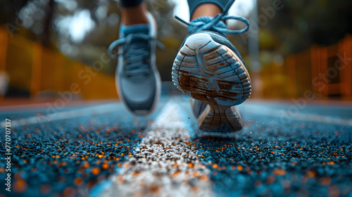 Ground level view capturing the dynamic motion of a runner's blue sneakers on a textured blue athletic track photo