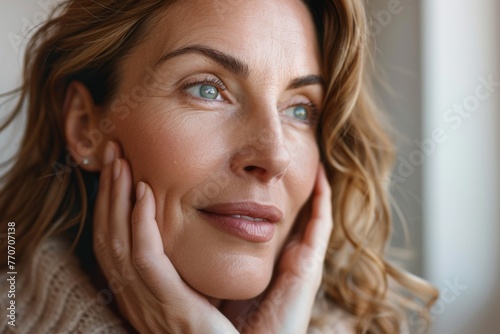 Radiant woman in her 40s with a youthful glow applying facial serum