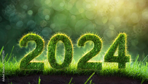 Number 2024 made of green grass. Natural figure. 3D rendering. Greenery symbol. Glowing bokeh.