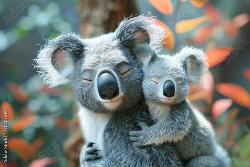 A pair of cute cartoon koala bears, mom with cub, resting in the forest with closed eyes. Baby hugging its mommy. Mothers day concept