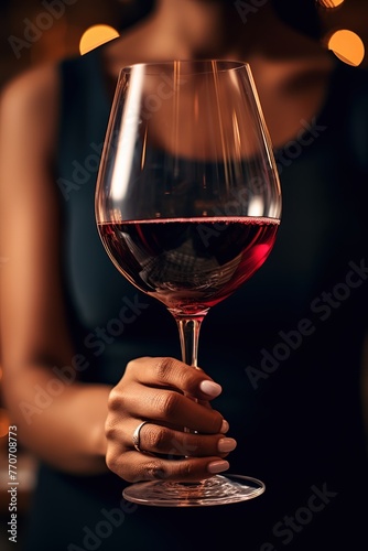 Woman holding a wine glass, moments before taking a sip