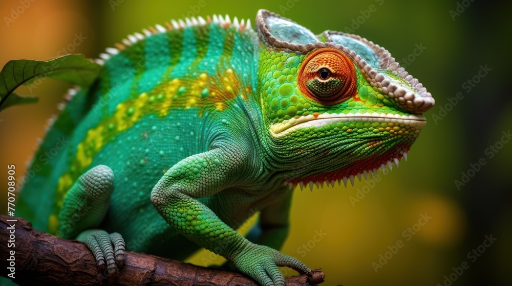 A green chameleon sits on a brown branch, looking at the camera. A green chameleon sits on a brown branch, looking at the camera.
