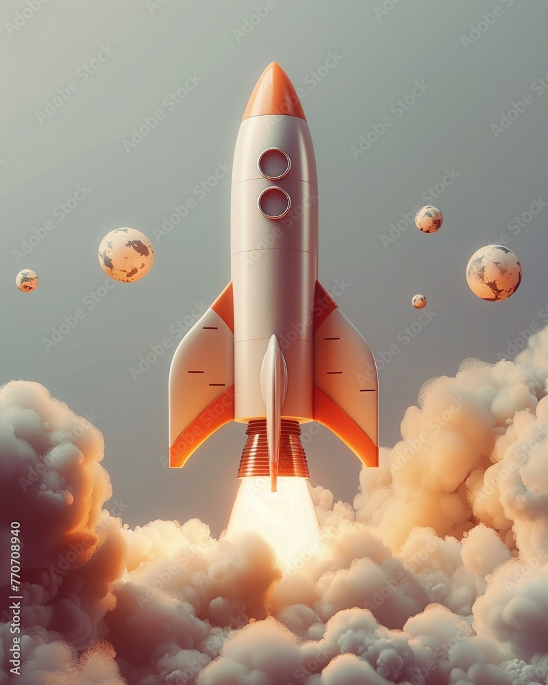 Sleek 3D rocket launching, vibrant on a soft space grey background
