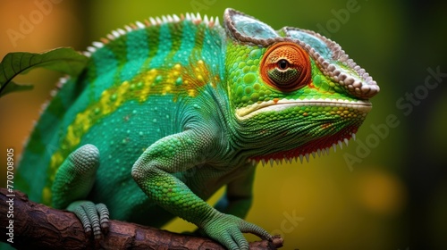 A green chameleon sits on a brown branch  looking at the camera.