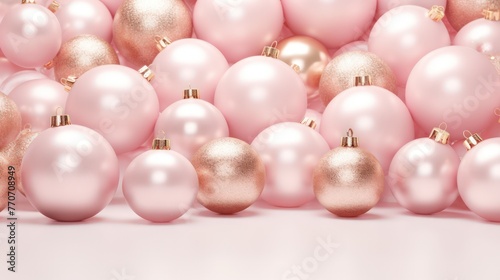 A pile of pink and gold Christmas ornaments of various shapes and sizes