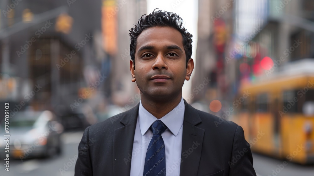 City Sophistication: Street Portrait of 40-Year-Old Indian Man in New York generative ai City Sophistication: Street Portrait of 40-Year-Old Indian Man in New York generative ai