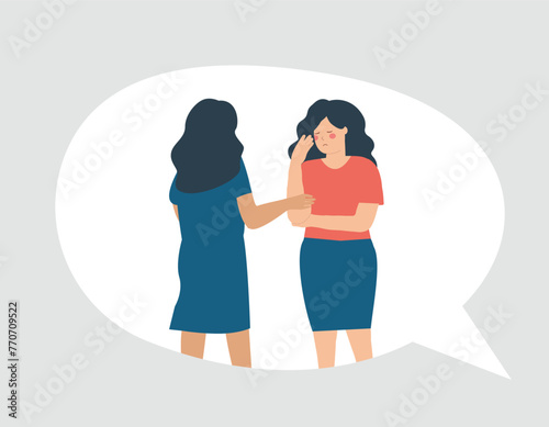 The woman listens to her friend, supports her, and sympathizes with her. Communication or chat between an introvert and an extrovert. Concept of toxic friendship, empathy and unhealthy communication.